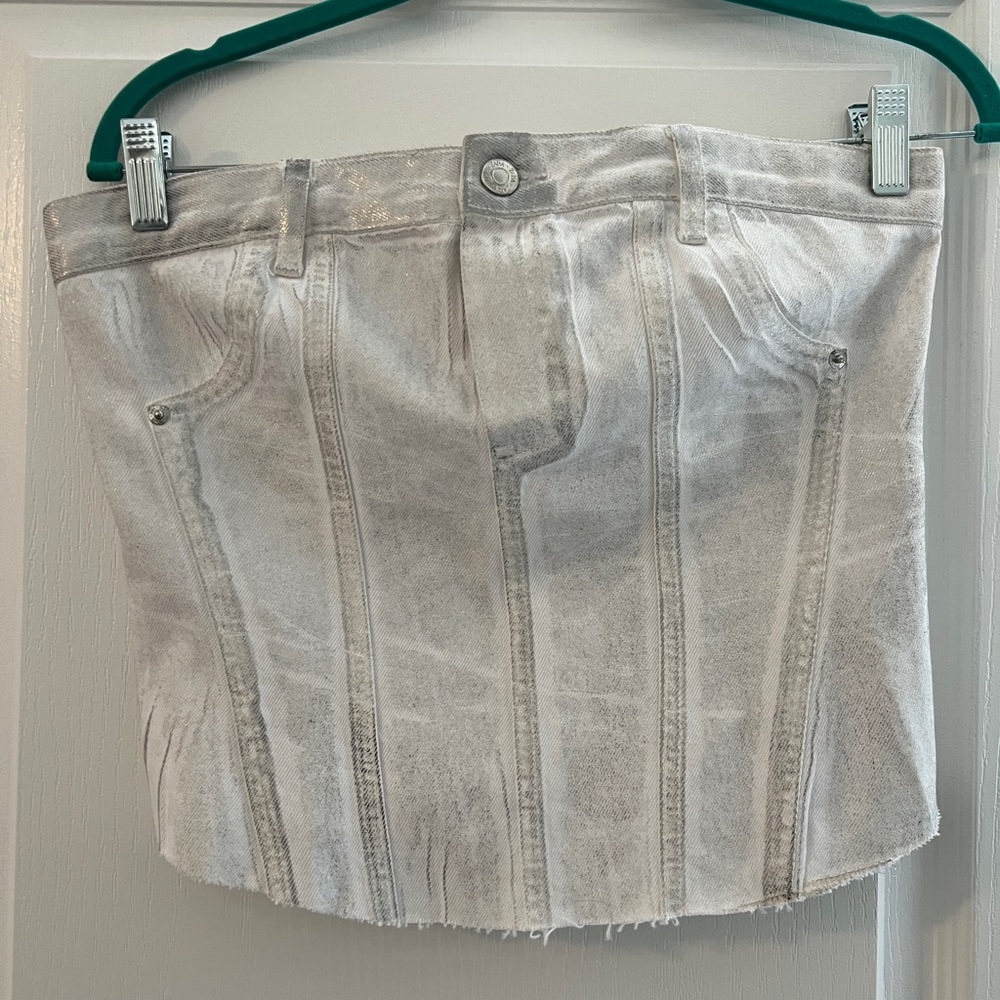 Silver Metallic Denim Jeans Crop Top